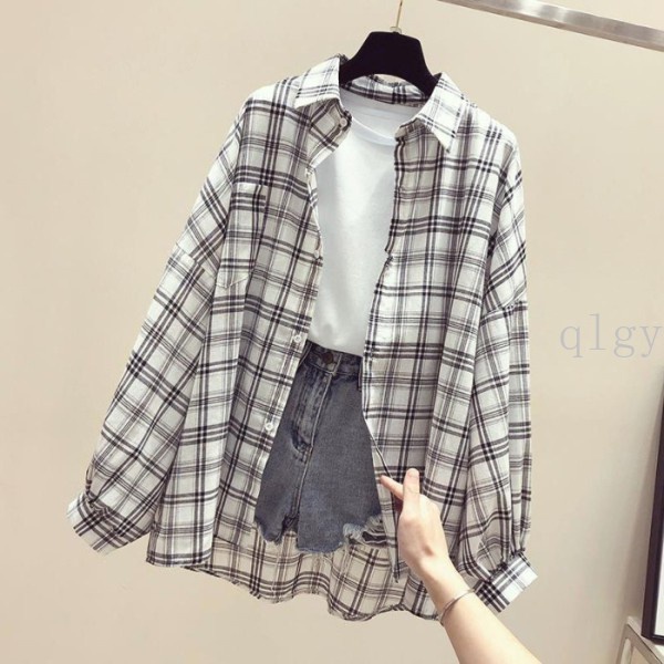 2023 Plaid Korean Version Shirt Sunscreen Loose chic Hong Kong Style Coat Women's Clothing