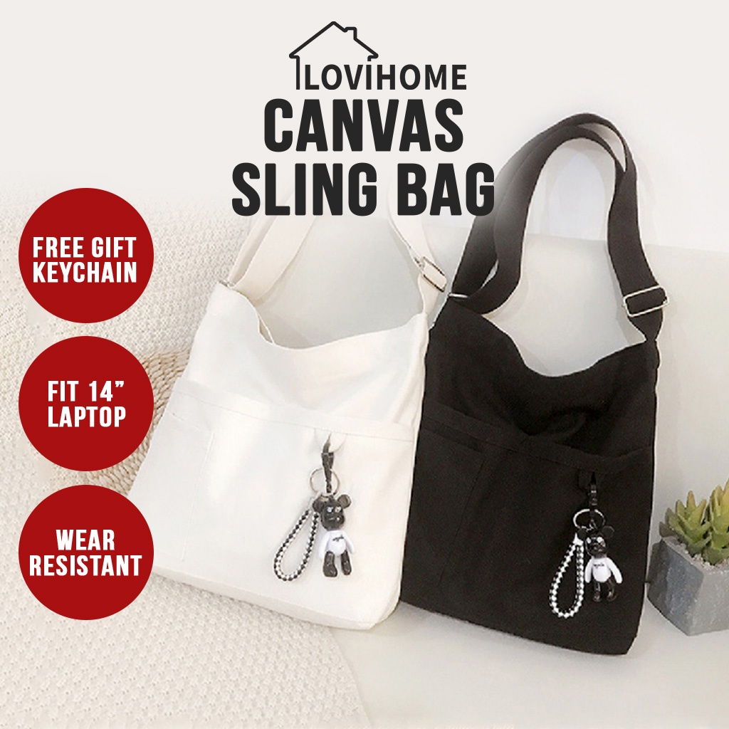 SG Canvas Sling Bag With Zip Black & White Handbag Woman Shoulder Tote Bags
