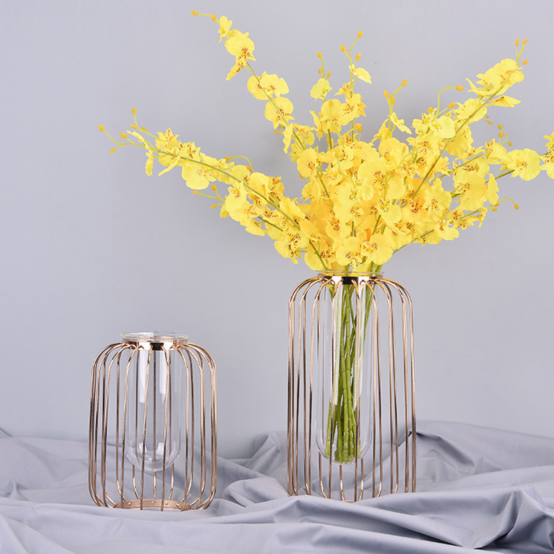 Nordic Lantern-shaped Iron Art Glass Vase Gold Plated Flower Vase Tabletop Vase Flower Pot Home Wedding Decoration