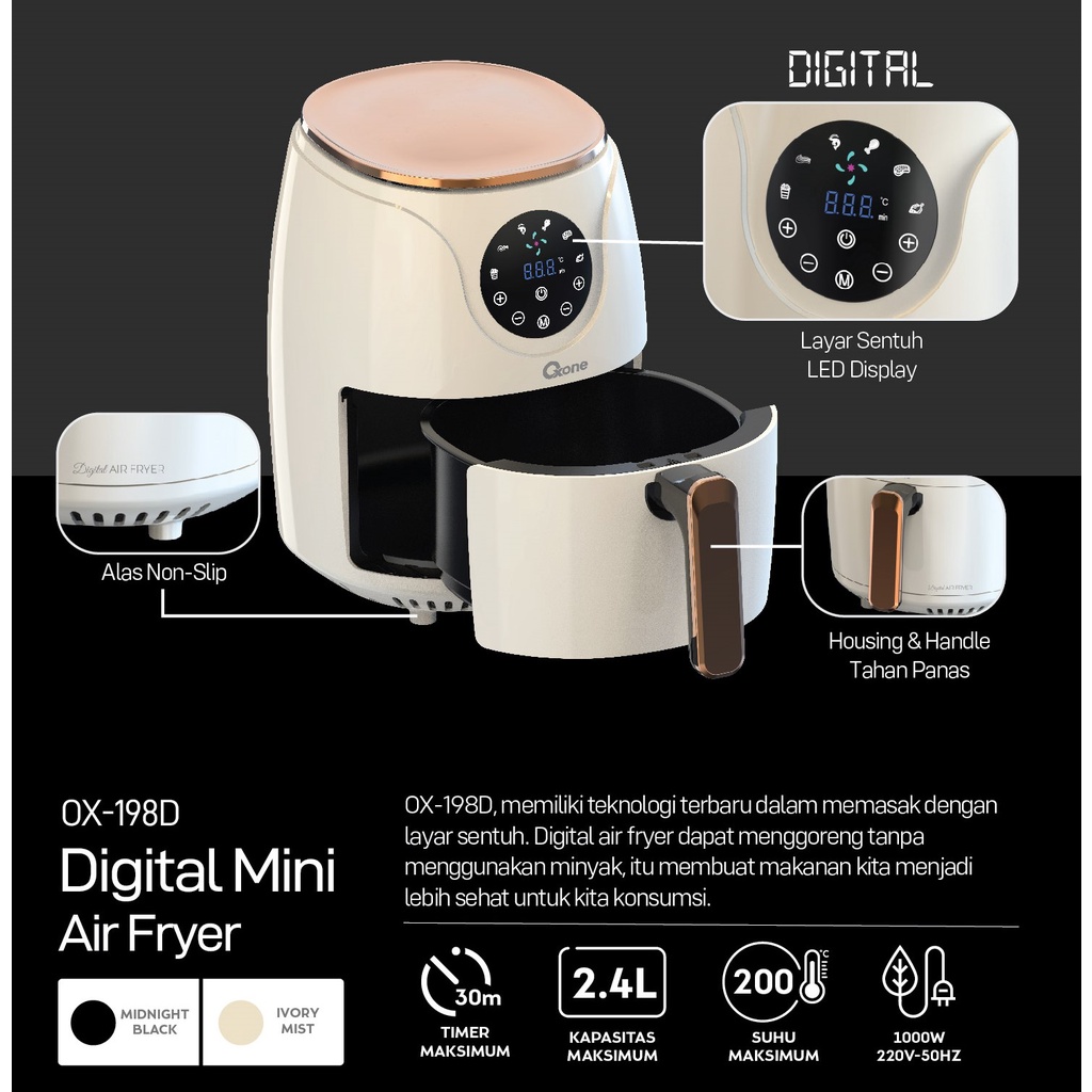 OXONE OX198D Digital Mini Air Fryer 2.4 Liter / FREE OX-618 - Gambar 3