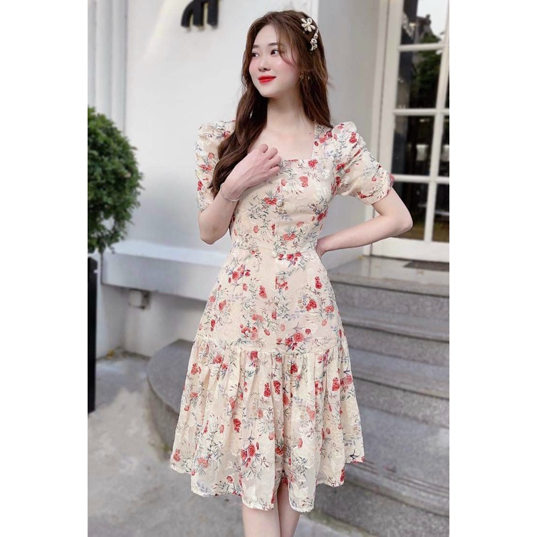 Square neck flower spread dress with puffy sleeves with buttons (with ...