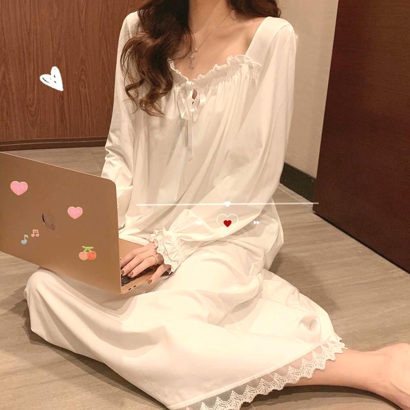 White Nightdress Cute Comfortable Long Sleeve Women Nightgown Ladies  Nightwear Loose Women's Night dress | Shopee Singapore