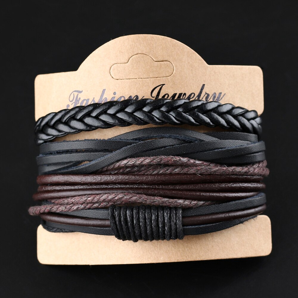 2021 Vintage 4pcs/sets Black Brown Multilayer Leather Bracelet Men Fashion Weave Handmade Rope Wrap Bracelets & Bangles Jewelry