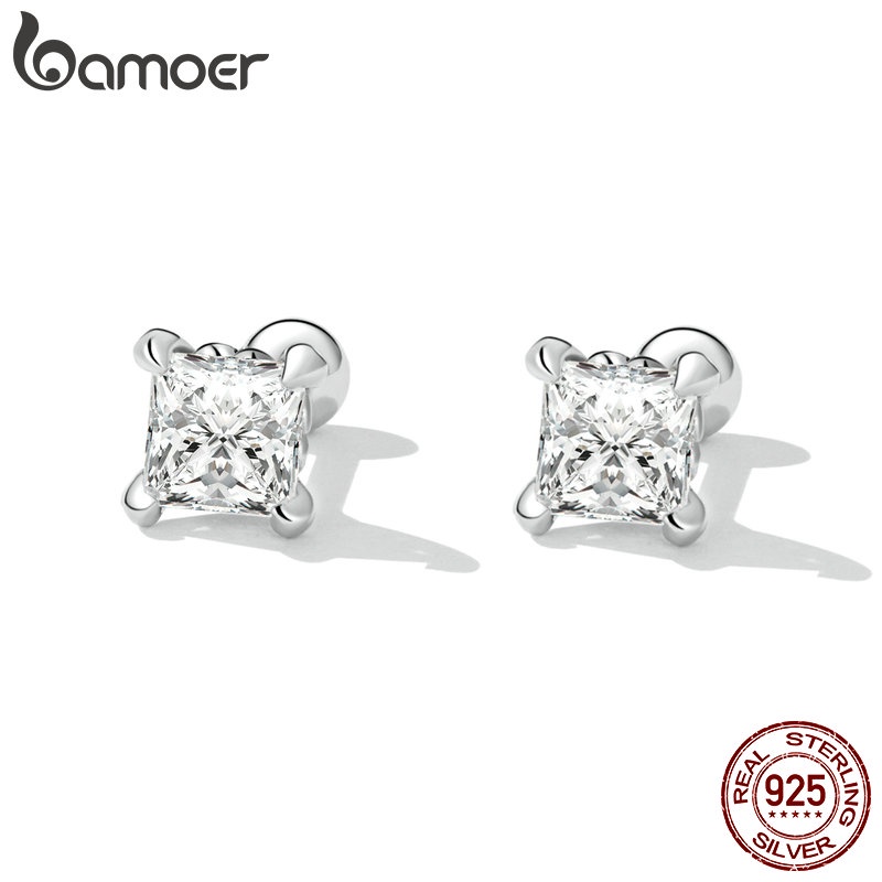 Bamoer Earrings 925 Silver Simple Square Zircon Ear Studs Fashion Jewelry For Women Girls Gift