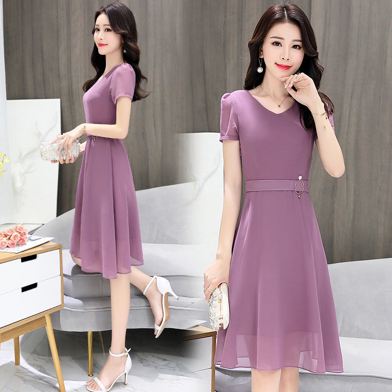 Korean Version Dress Mid-Length V-Neck Women's Chiffon Classy Lady | Shopee  Singapore