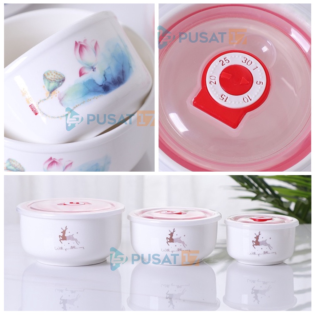 PUSAT17 MANGKOK KERAMIK SET 3PCS PENUTUP SEAL KEDAP UDARA / CERAMIC BOWL SET 3IN1 MANGKUK SOUVENIR KADO HADIAH GIFT BOX - Gambar 3