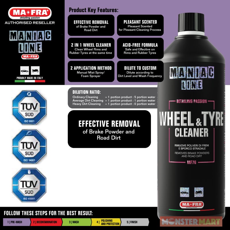 Mafra Maniac Car Detailing Line, Wheel & Tire Cleaner, 2in1 Cleaner,  Removes Brake Dust and Road Dirt from Alloy and Rubber Wheels, 1000ml :  : Car & Motorbike