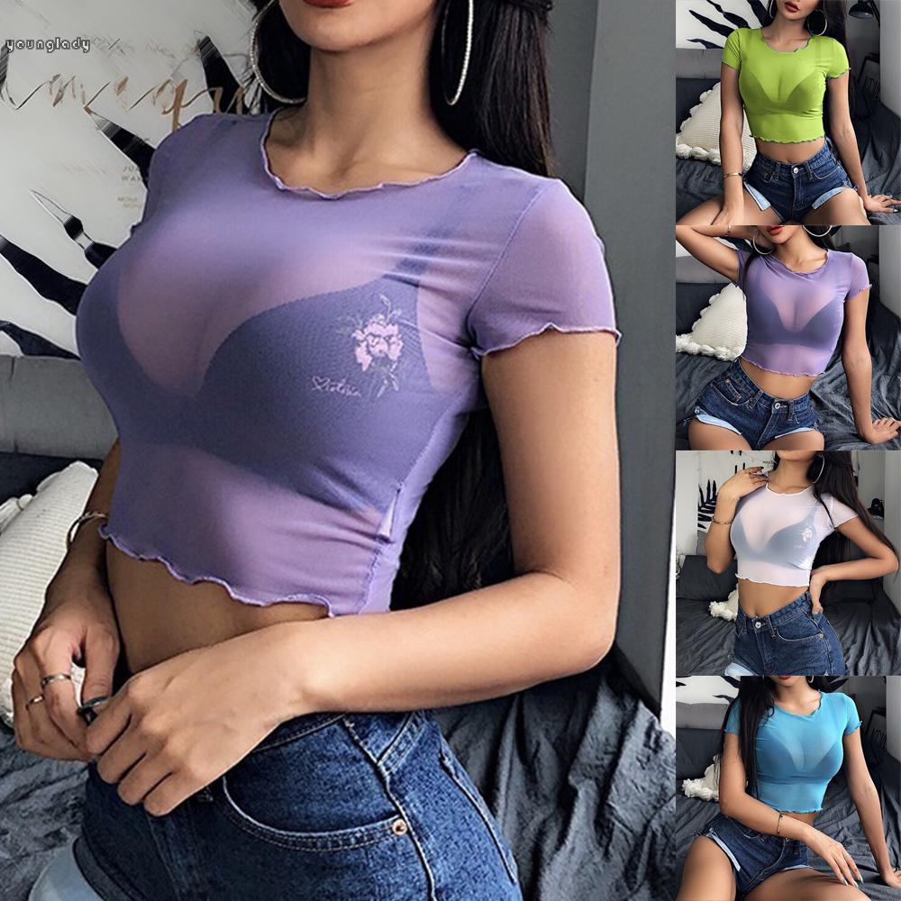 Sexy Women Mesh Sheer See-through Crop Top T-shirt Blouse