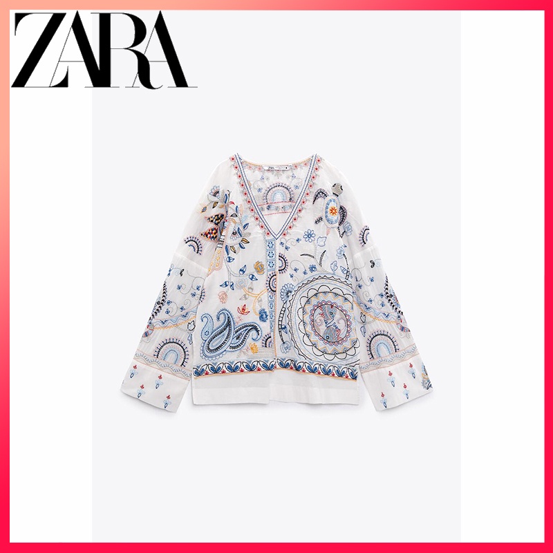 ZARA summer new women's white side slit longsleeved Vneck embroidered