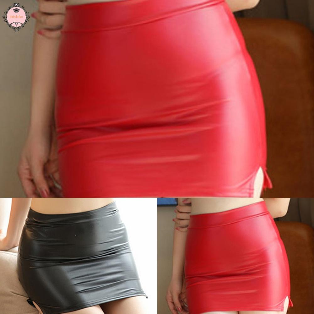 Womens Sexy Pu Leather Slit Mini Skirt Low Waist Tight Stretch Wet Look Skirts High Quality 