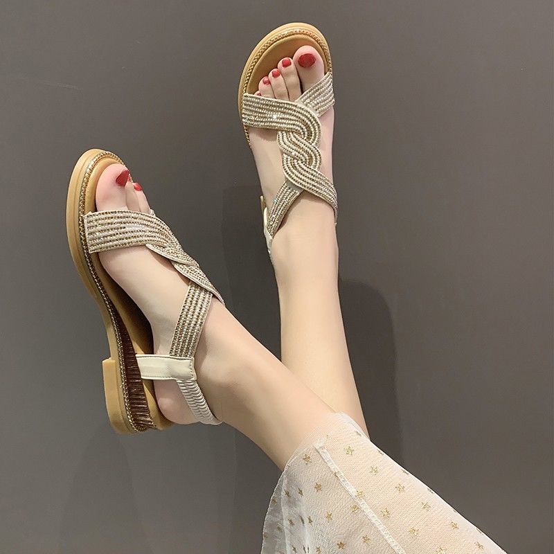 Wedge Sandals Women Outdoor Summer 2021 New Style Soft Leather Rhinestone Comfortable Soft Soled Low Heel All Shopee Singapore