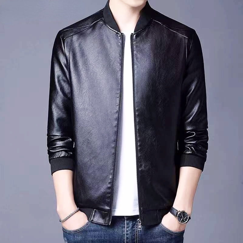 SG STOCK Men's Leather Jacket Stand Collar Leather Jacket Men's Trendy