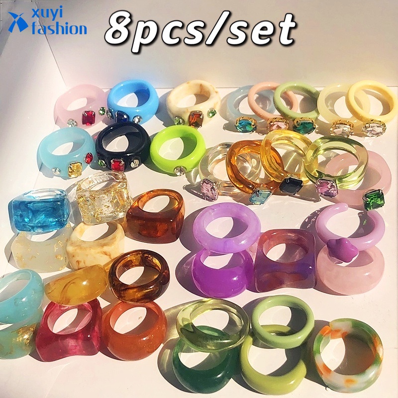 8pcs/set 2021 New Colourful Transparent Resin Acrylic Rhinestone Geometric Square Round Rings Set for Women Jewelry Travel