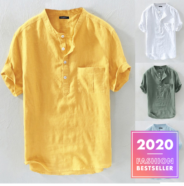 Mens Short Sleeve Linen Casual Breathable Soft V-Neck Shirt