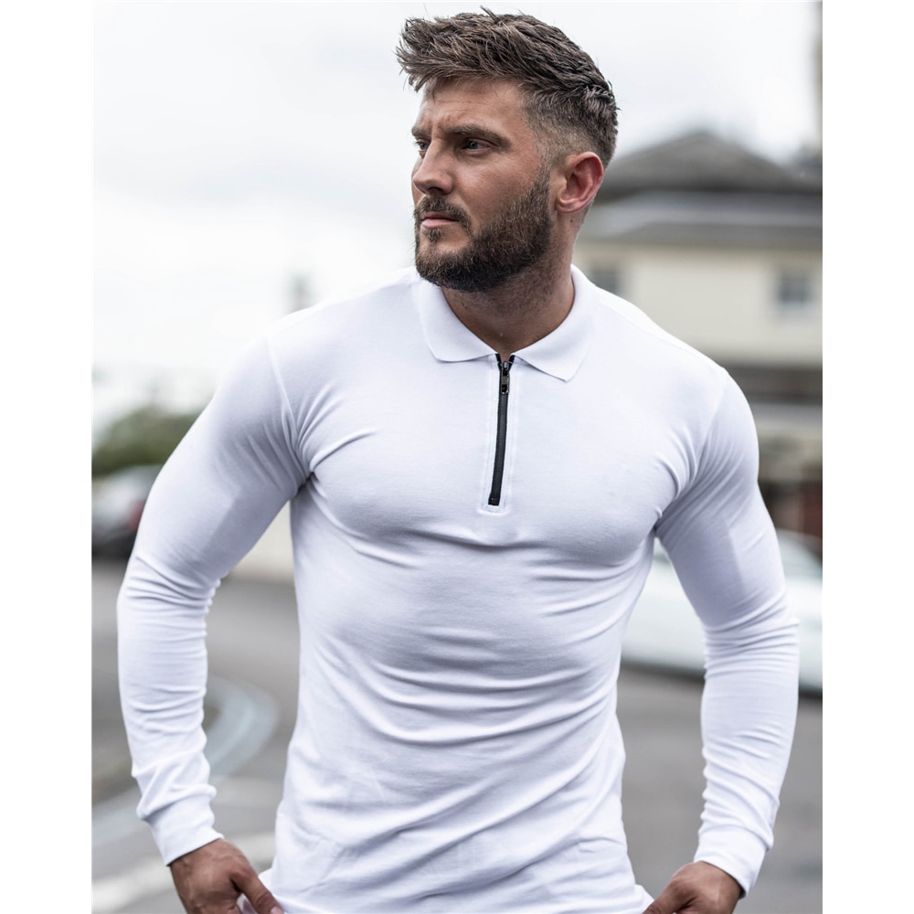 Brand Plain Clothing Polo Shirt Men Long Sleeve Polo shirt Zipper Turn Collar Fashion Cotton Slim Fit Gym Fitness Poloshirt