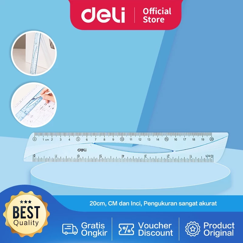 Deli Ruler / Penggaris 20 CM Kokoh Pengukuran CM dan Inch EH10
