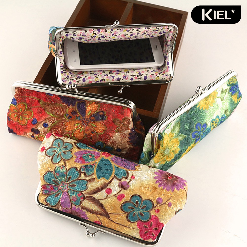 ˆKiel Vintage Women Flower Kiss Lock Long Coin Purse Phones Keys Holder