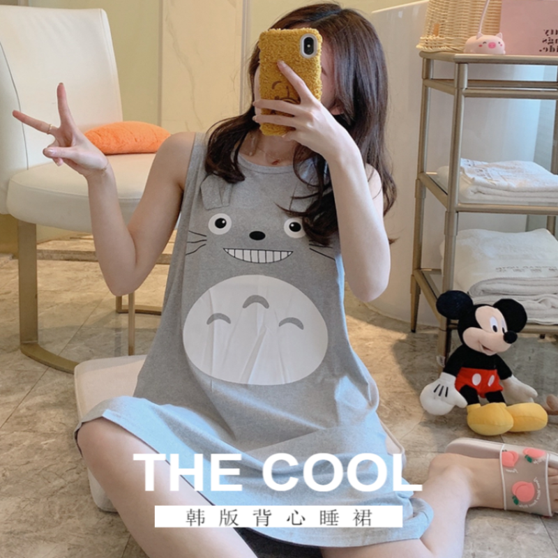 Women's Pyjamas Milk Silk Cartoon Totoro Print Loose sleeveless Nightdress Casual Home Sleep Pajamas