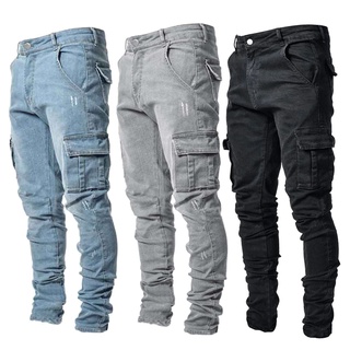Mens Skinny Jeans Cargo Denim Pants Casual Stretch Slim Fit Hip Hop Trousers