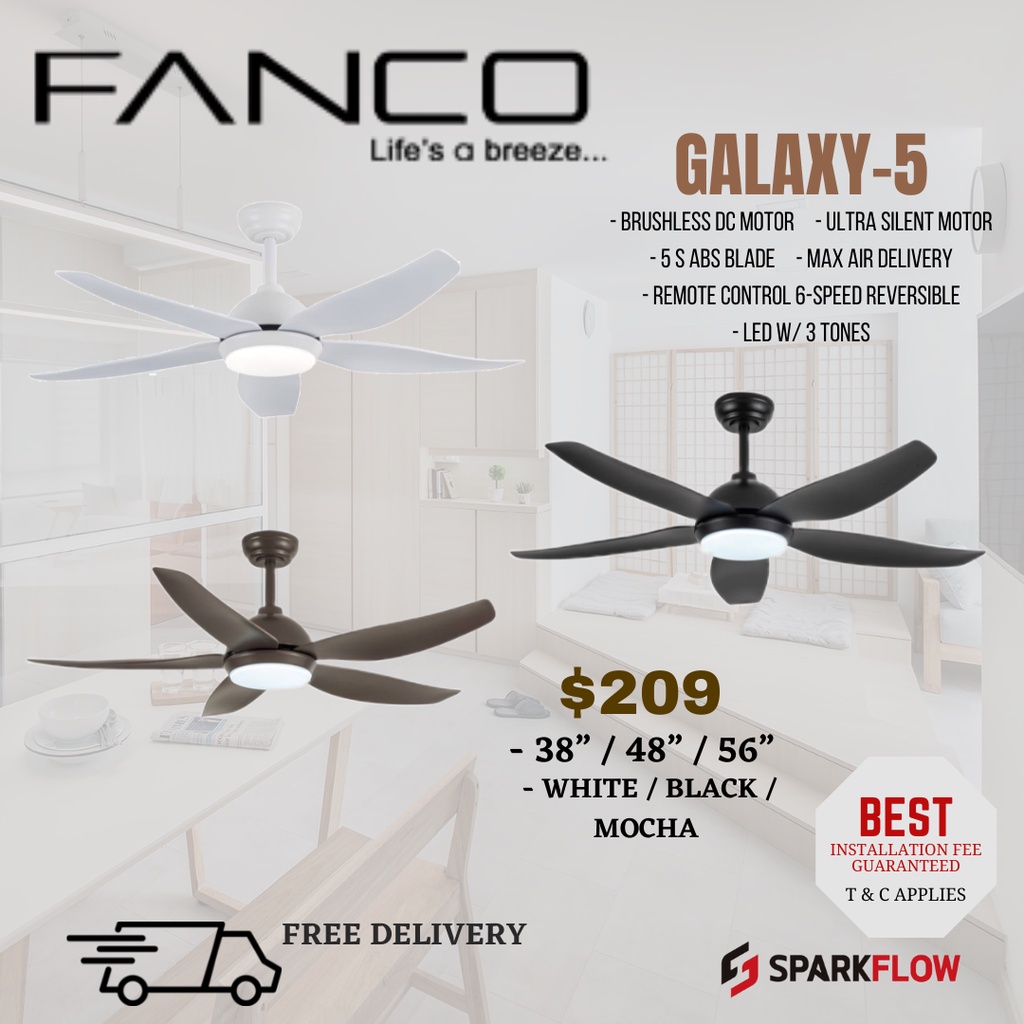 (Mega Installation promo)Fanco GALAXY 5 Designer ceiling fan with light