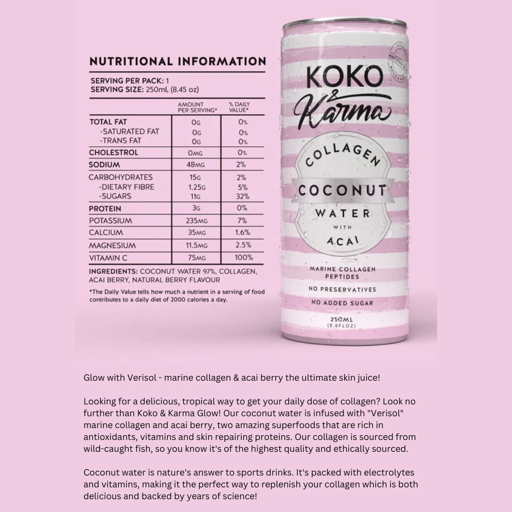 KOKO KARMA (AUSTRALIA)100PURE COCONUT WATER COLLENGEN & ACAI PREBIOTIC & LYCHEE 250ML