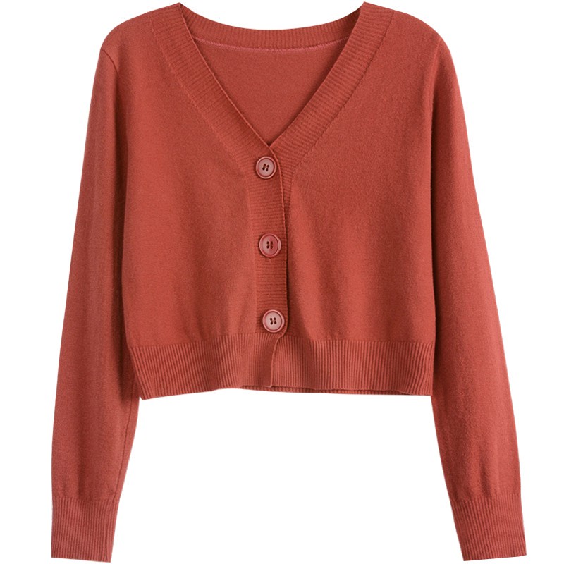 Simple Solid Color Long-Sleeved Outer Knitted Cardigan Girls Spring Autumn Thin Sweater Outerwear Korean Version Single-Breasted Loose Short Top Clothing Genuine Must-Have Girlf