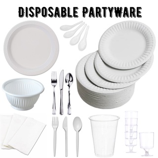 Black plastic and paper plates, napkins, cups, bowls, and utensils