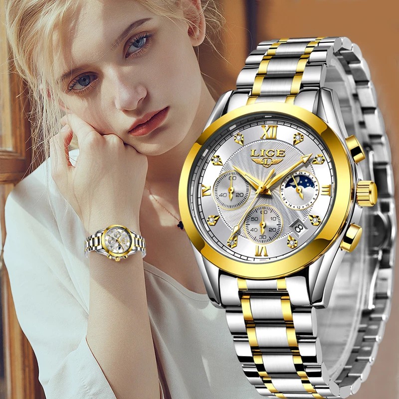 LIGE Women Watch Original Waterproof Stainless Steel Big dial Quartz Watch