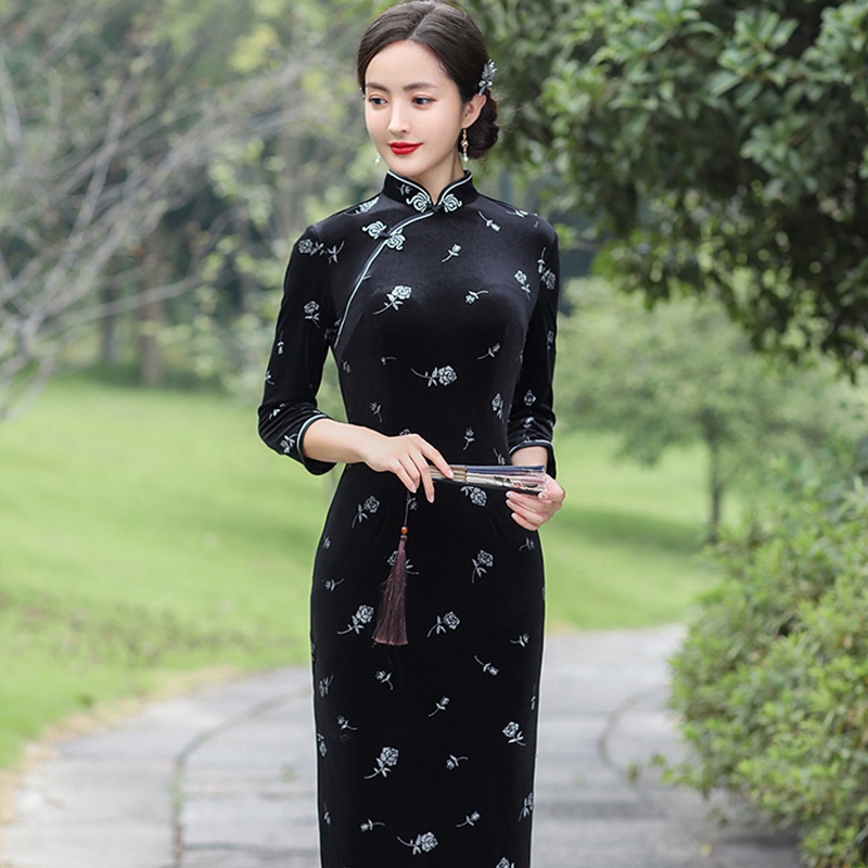 Improved Cheongsam Retro Loose Black Stand-Up Collar Buckle Dress Chinese  Qipao