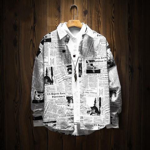 Men s Casual Thin Vintage Newspaper Printed Long Sleeve Shirt Shopee Singapore