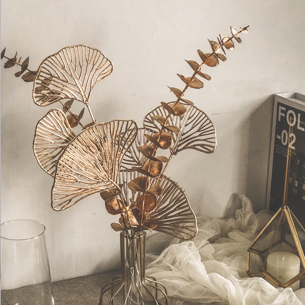 Artificial Retro Gold Fan-shaped Leaf Golden Flower Wedding Garden Home Wall Decor Arrangement Floral Ornament