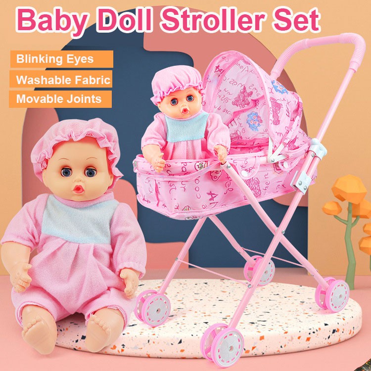 [Metal Frame] Baby Doll Stroller Set Role Play Soft Body Baby Toy Metal Folding Washable Pram Kids Pretend Play