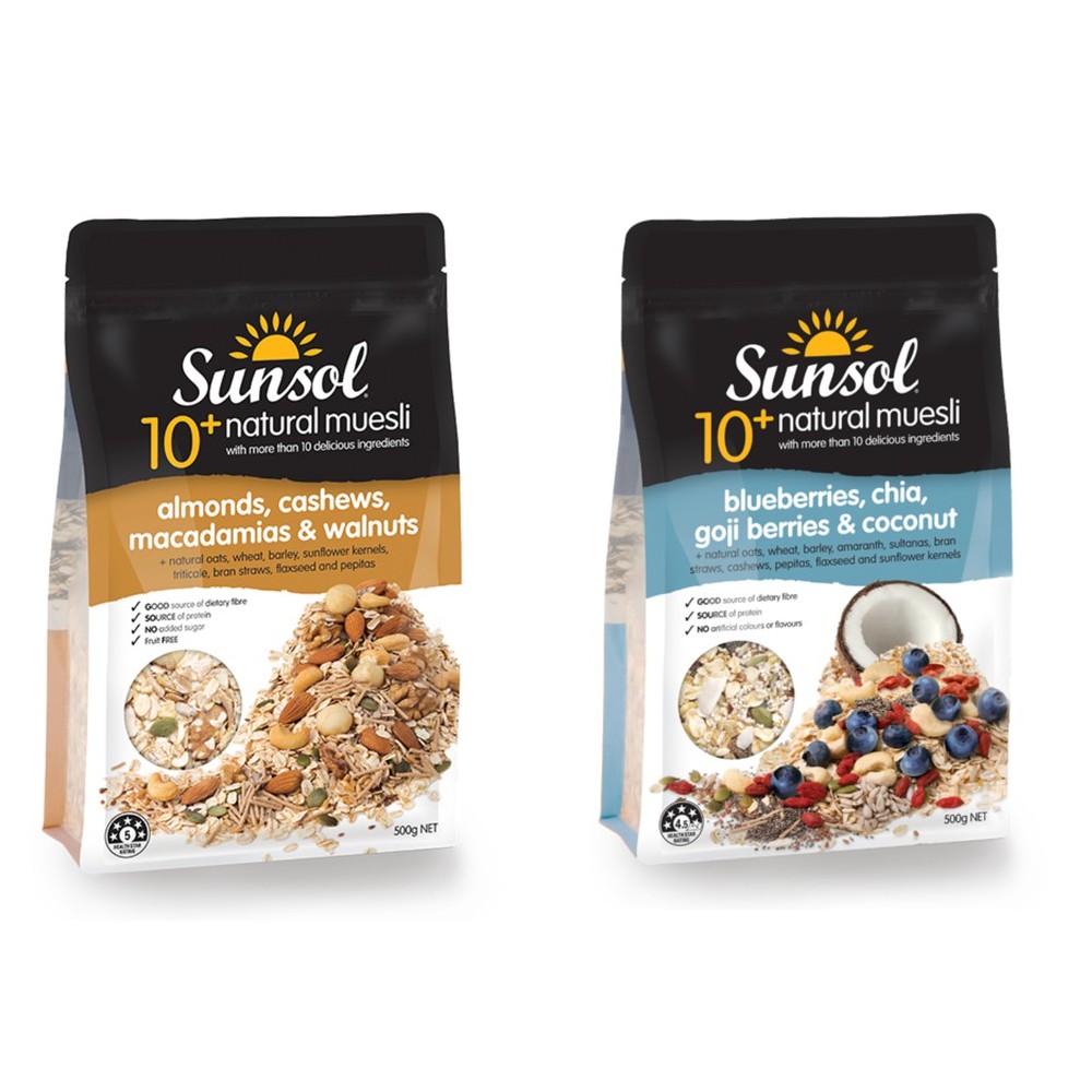 Sunsol 10+ Natural Muesli Almond Cashew Macadamia Walnut OR Blueberry