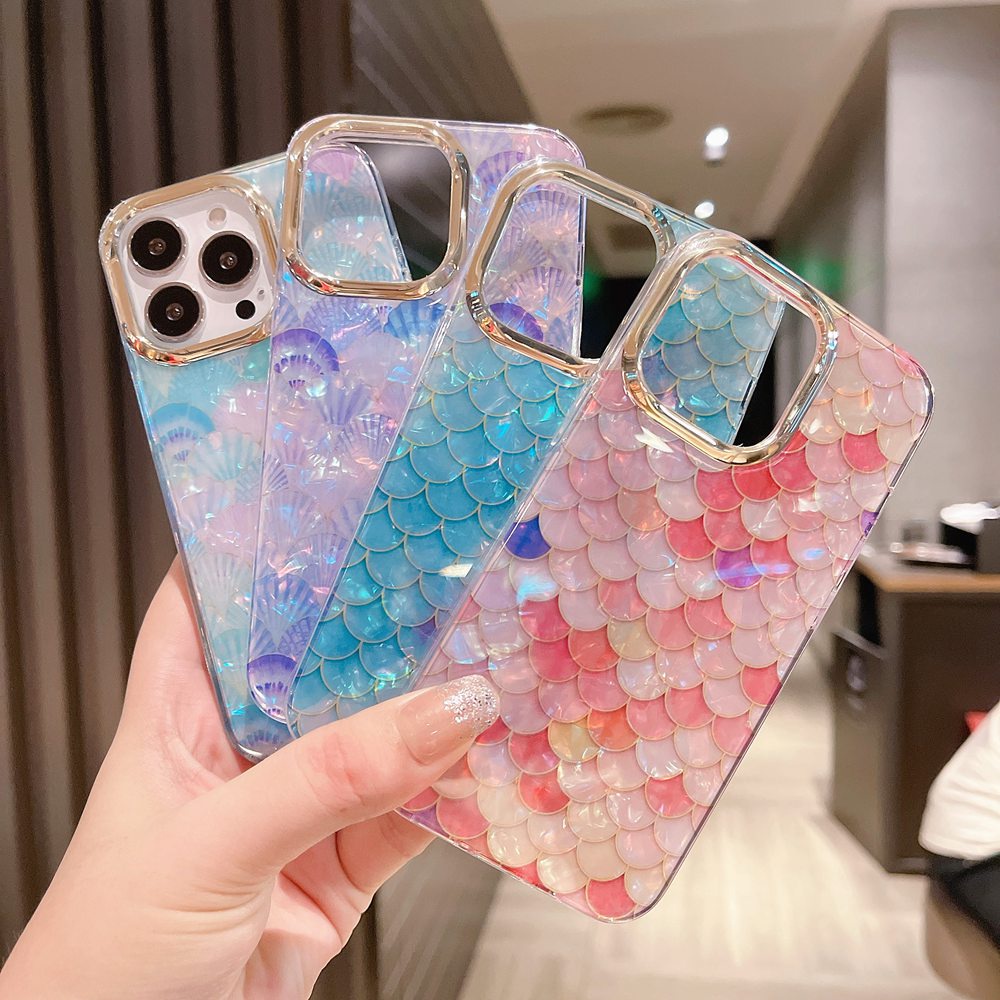 Colorful Mermaid Scales Phone Case For iPhone 15 14 13 12 Pro Max 14 15  Plus Conch Shell Texture Gold Frame Camera Protect Cover | Shopee Singapore