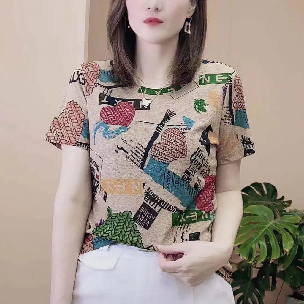Summer foreign style stitching color new short-sleeved printed T-shirt top women's cover the flesh to show thin fashion age-reducing tide