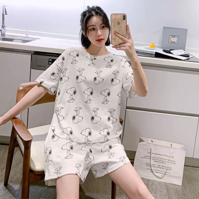 【Plus Size】Pajamas Women Summer Loose Plus Size Sweet and Cute Student Short-sleeve Shorts Korean Home Service Suits Nightwear Pyjamas Set Baju Tidur Wanita