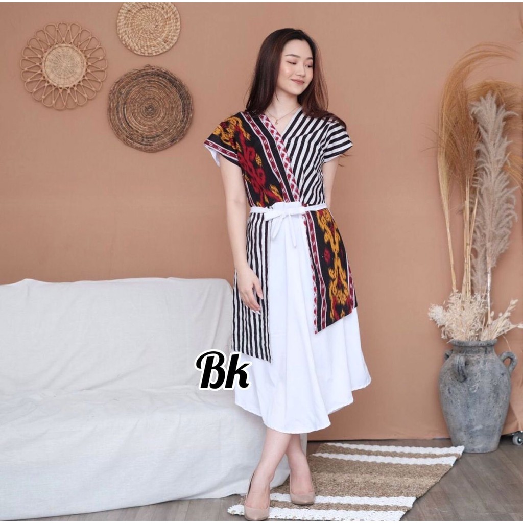 PUTIH Kimono Dress Alaia Batik White Songket Weaving Modern Combination Midi Dress Work Office Uniform Shopee Singapore