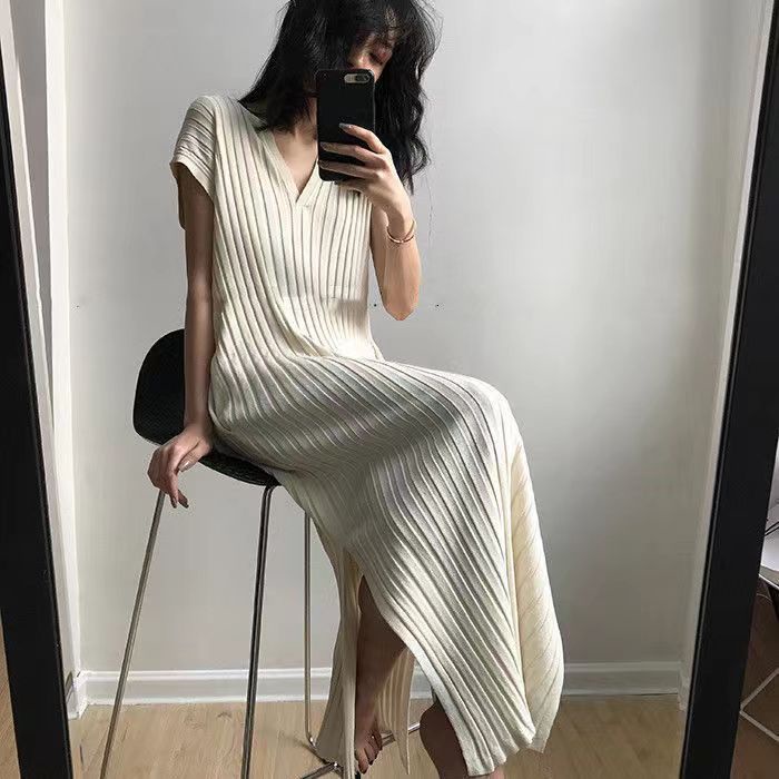 Spring Summer All-Match Loose Slim-Fit V-Neck Striped Threaded Split ...