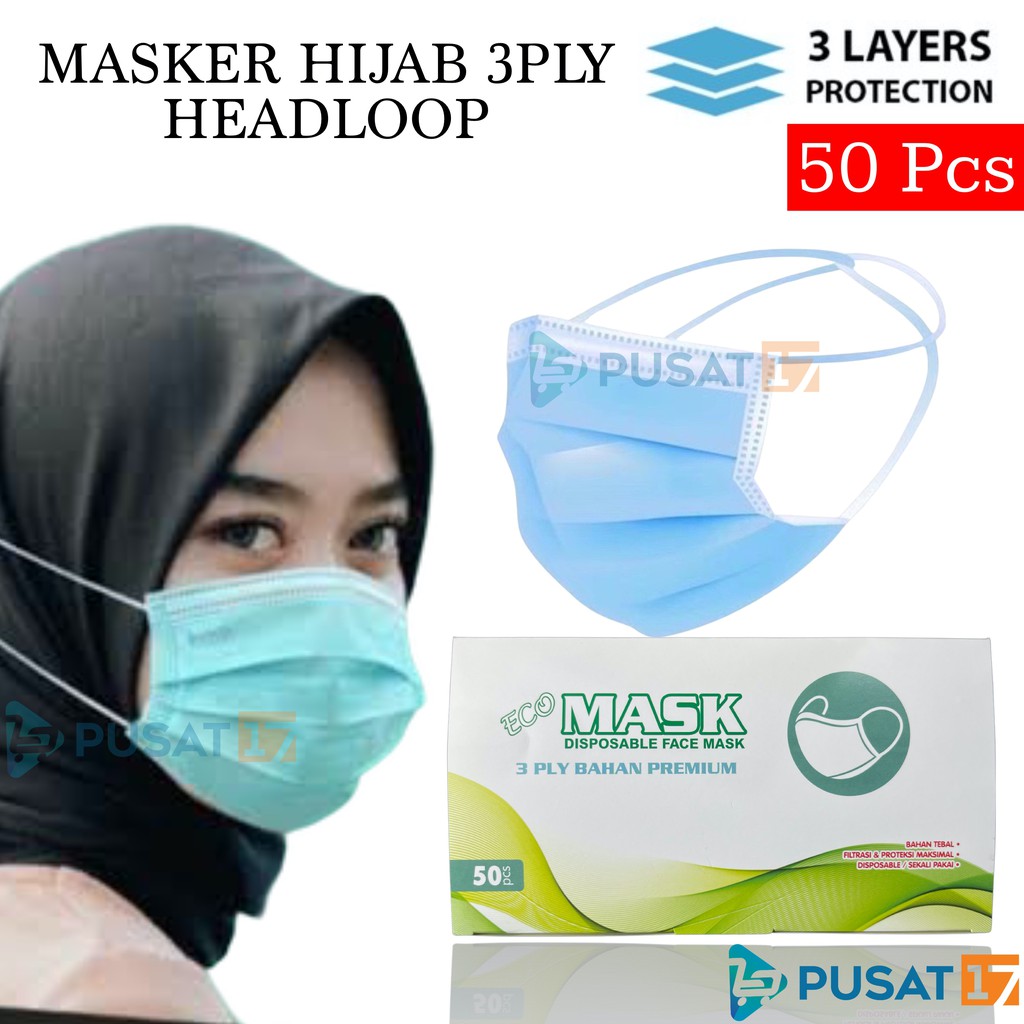 MASKER HEADLOOP HIJAB 3 PLY ISI 50PCS BOX / MASKER JILBAB HIJAB 3PLY BIRU DISPOSABLE FACE MASK BLUE