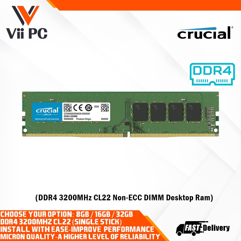 Crucial 8GB, 16GB, 32GB - DDR4 3200MHz CL22 1.2V Non-ECC DIMM Desktop ...