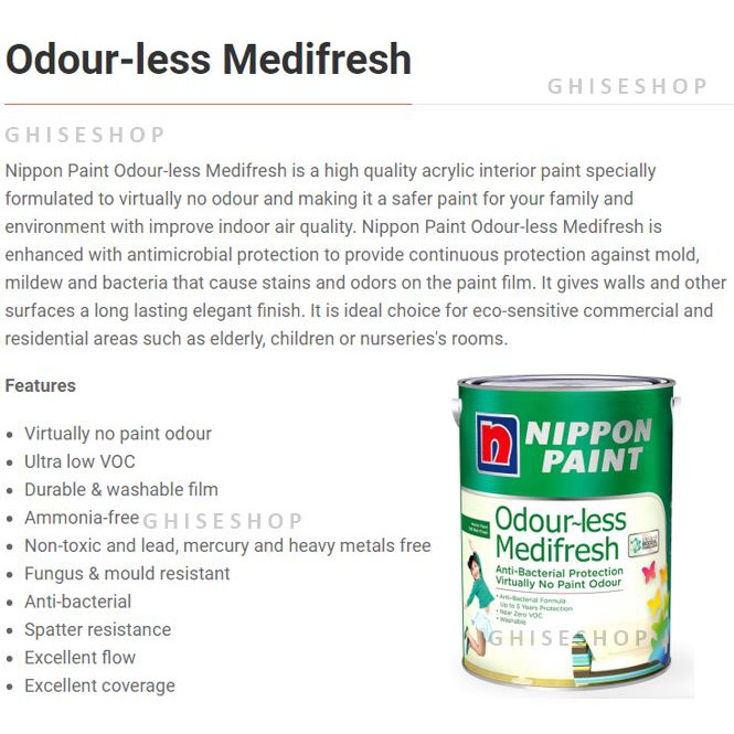 NIPPON PAINT Interior Paint 1 Liter Odourless, Vinilex, Antimould White, Vinyl Silk, Medifresh