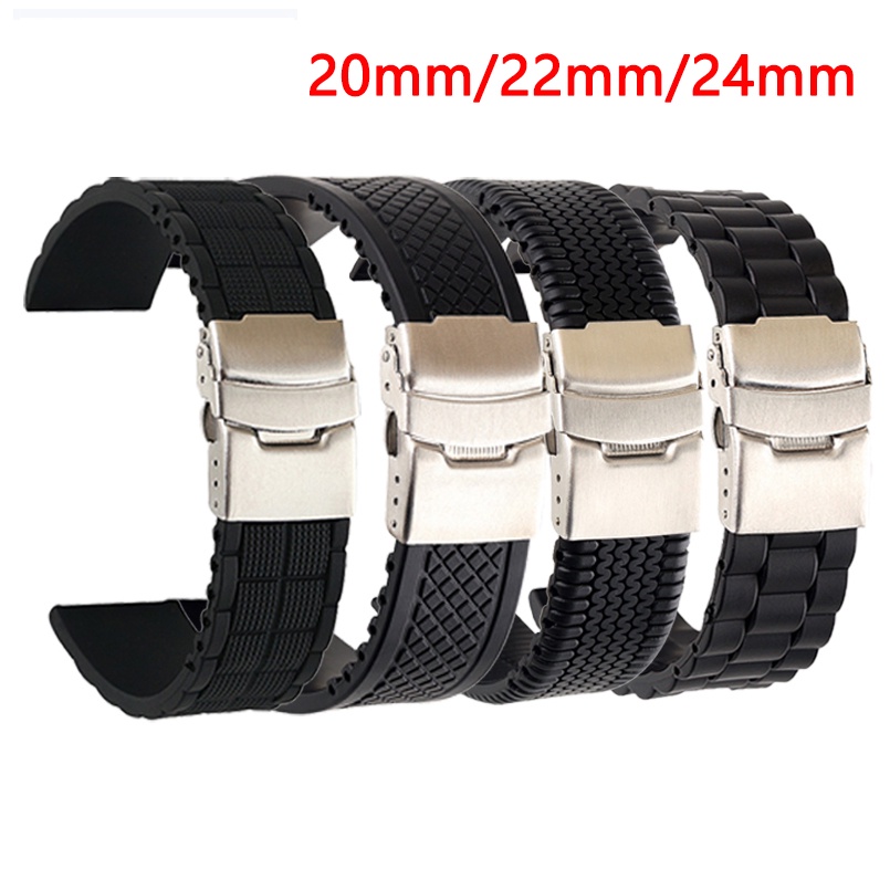 20mm 22mm 24mm Silicone Strap Folding Buckle Black Tire pattern Generic