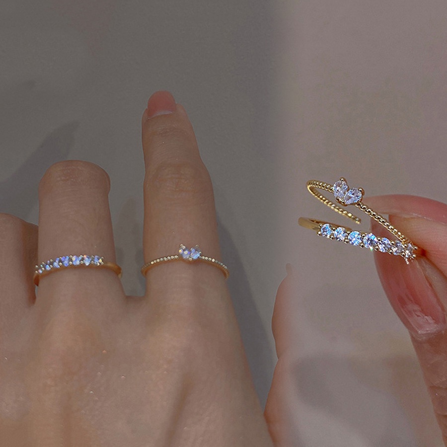 2 In 1set Heart-shaped Diamond Crystal Gold Titanium Steel Women Fashion Jewelry Wedding Engagement Rings Telescopic Size
