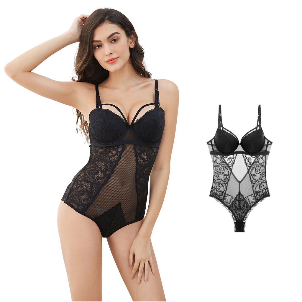 New Women Lace Bodysuit Sexy Hollow Push Up Bra Set V-Neck