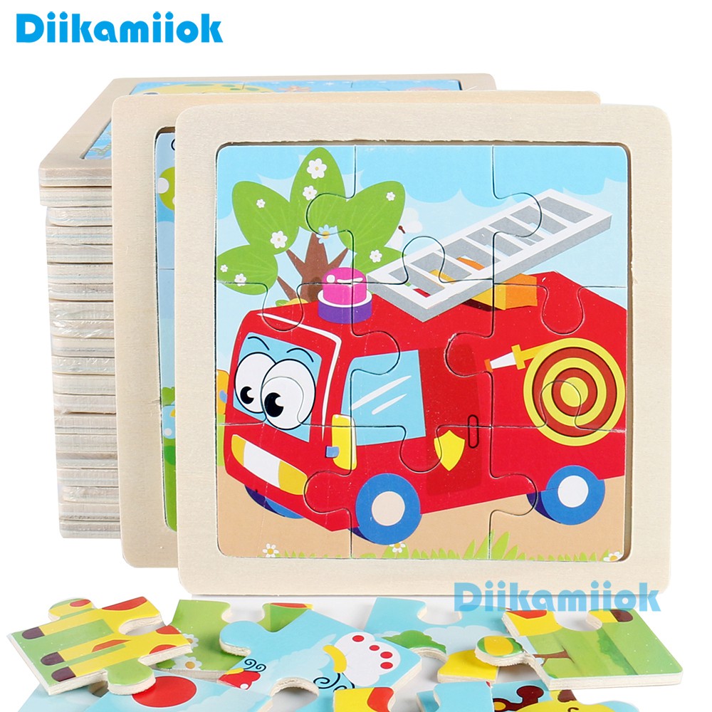 9 piece Simple Wooden Jigsaw Puzzle Cartoon Animal Vehicle Kids ...