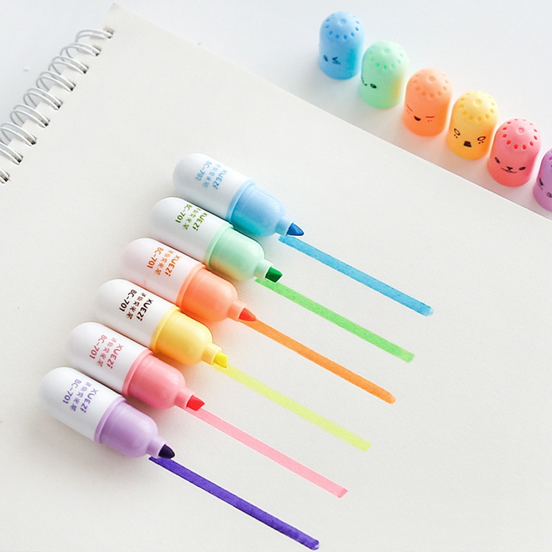 6 Pcs/lot Capsules Highlighter Vitamin Pill Highlight Marker Color Pens ...