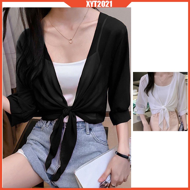 Korean Style Women Small Shawl Thin Sun Protection Clothing Short Solid Color Chiffon Outerwear Cardigan Jacket
