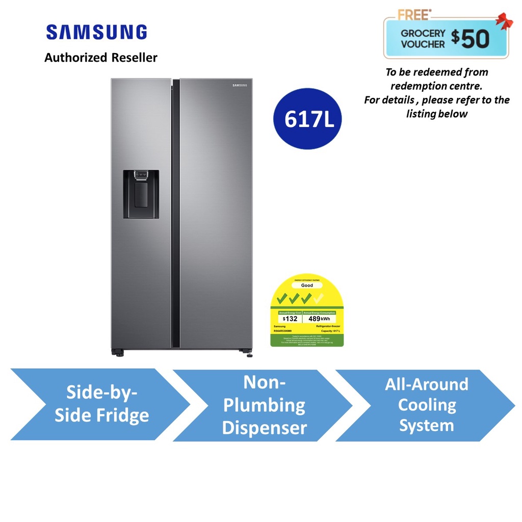 Samsung 617L Side by Side SpaceMax Fridge RS64R5306M9/SS Silver All