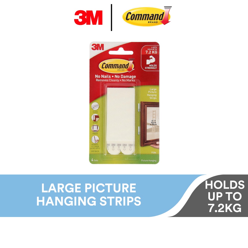 3M Command Large White Picture hanging Adhesive strip (Holds)7.2kg, Pack of  4