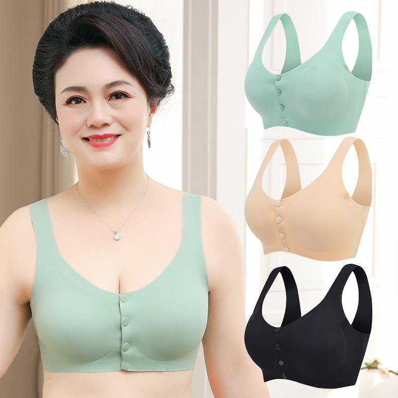 Silicone Bra] ready stock Large Front button bra with silicone padding plus  size butang depan bra elderly vest underwear old women lingerie 007
